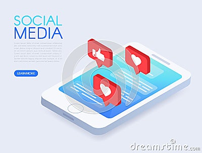 Social chat concept with isometric phone and likes. Isometric phone with push notifications. Social media design. Screen Vector Illustration