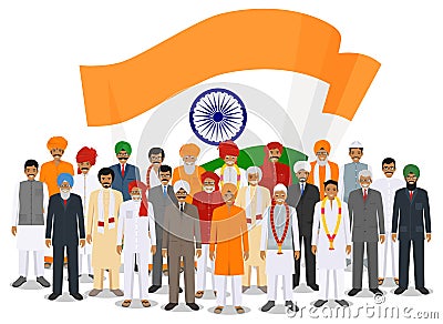Social concept. Group indian adult and senior people standing together in different traditional national clothes on Vector Illustration