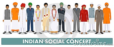 Social concept. Group indian people standing together in different traditional national clothes on white background in Vector Illustration