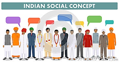 Social concept. Group indian people standing together and speech bubbles in different traditional national clothes Vector Illustration