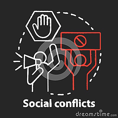Social conflicts and disputes chalk concept icon. Antisocial behaviour, violence and unrest idea. Riot, strike, civil Vector Illustration