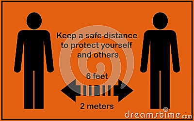 Orange Social distance board in feet and meters Stock Photo