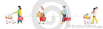 Social distance concept. People in medical masks with shopping trolley queuing at grocery, safe distancing in public Cartoon Illustration