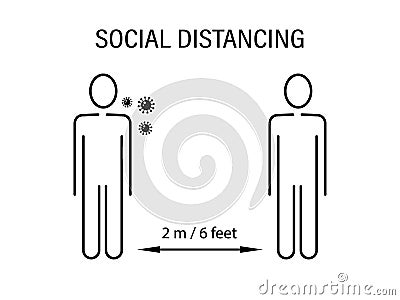 Social distance for coronavirus prevention. Two abstract characters stand at valid spacing marked with black arrow pandemic Stock Photo