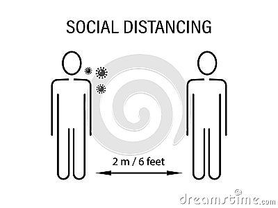 Social distance for coronavirus prevention. Two abstract characters stand at valid spacing marked with black arrow Stock Photo