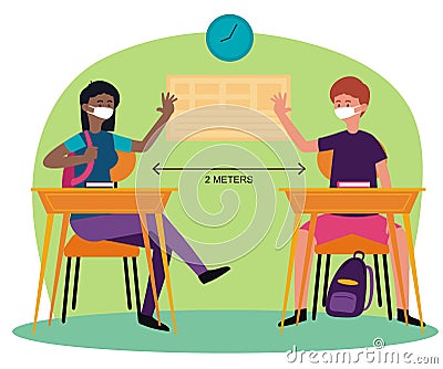 Social distance in New normal Concept, Teacher Boy and girl wearing medical face mask in Classroom. prevent pandemic Vector Illustration