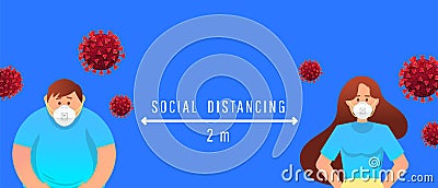Social distance between people due to outbreaks of coronavirus. Masked guy and girl at a distance of 2 m. Vector illustration Stock Photo