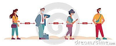 Social distance queue, people in masks distancing Vector Illustration