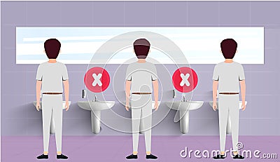 Social distance at washroom. Washroom signage for covid 19. Maintain social distancing during hand wash at wash basin. Awarness of Vector Illustration
