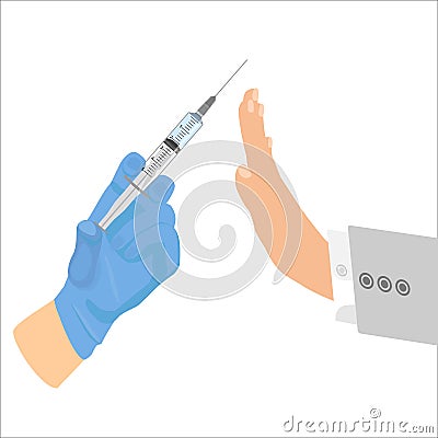 Refusal vaccination concept with sign hand stop, syringe icon, concept stop vaccination, injection. Stock Photo