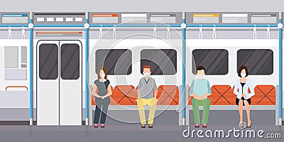 Social distancing concept with people wearing medical masks on subway train Vector Illustration