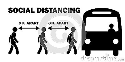 Social Distancing 6ft feet Apart When Boarding Bus Line Queue Stick Figure. Black and White Vector File Vector Illustration