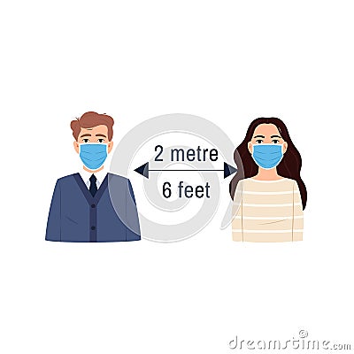 Social distancing icon. Flat people girl man surgical face mask keep distance 2 meter 6 feet. Health protection concept. Vector Illustration