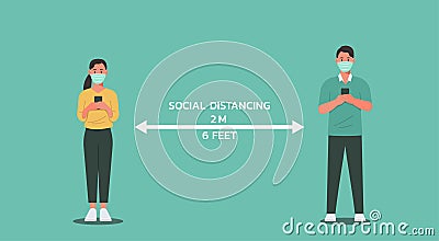 Young man and woman using phone and maintain social distancing Vector Illustration