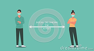 Man and woman wear face mask and cross their arms standing together maintain social distancing Vector Illustration