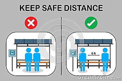 Social distancing with many people on queue line in bus station. Passenger waiting bus stop. City community transport vector Vector Illustration