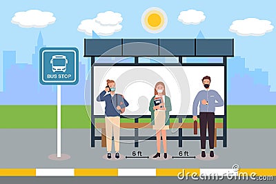 Social distancing with many people on queue line in bus station. Passenger waiting bus stop. City community transport vector Vector Illustration