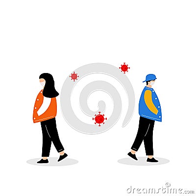 Social distancing men and women flat illustration Vector Illustration