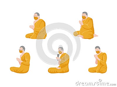 Social Distancing, Monk Pray and keep distance for infection risk and disease Vector Illustration