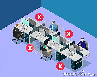 Social distancing at office workstation. Employees are maintain distance during work at workstation. Safety awareness of covid-19 Vector Illustration