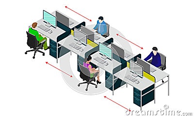 Social distancing at office workstation. Employees are working together on desk with maintaining distance for covid 19 virus. Cartoon Illustration