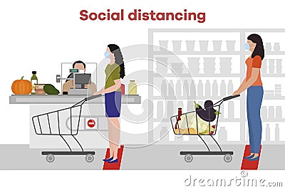 Social distancing People Supermarket Coronavirus Vector Illustration