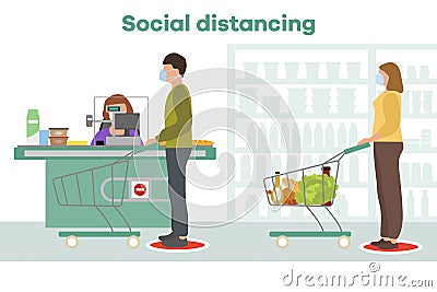 Social distancing People Supermarket Coronavirus Vector Illustration