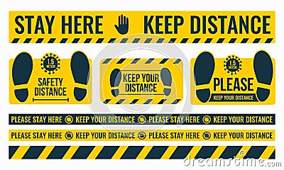 Social Distancing. Please Keep Your Distance. Safe distance. Place the yellow floor sticker at a distance from the floor Vector Illustration