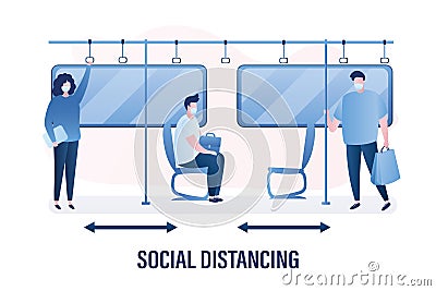 Social distancing in public transport. Various people in subway, characters with protective masks on faces. Covid-19 spreading Vector Illustration