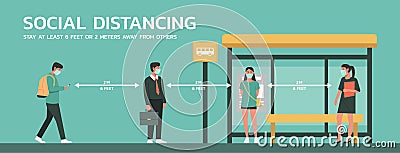 People maintain social distancing to prevent virus spreading and transmission at bus stop Vector Illustration