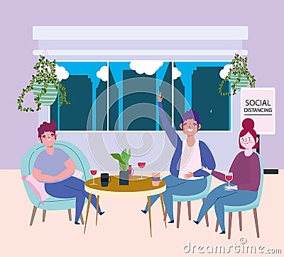 Social distancing restaurant or a cafe, couple and man keep distance at table, covid 19 coronavirus, new normal life Vector Illustration