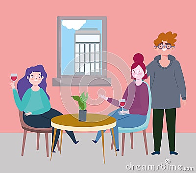 Social distancing restaurant or a cafe, couple and woman drinking wine at table, covid 19 coronavirus, new normal life Vector Illustration