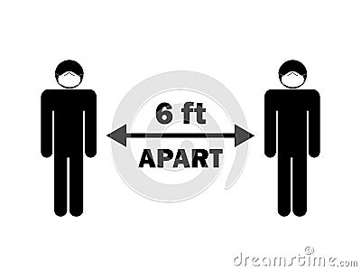 Social Distancing six 6 feet apart from others. Black and white stick figures with face mask. Covid-19 pandemic guideline. EPS Vector Illustration