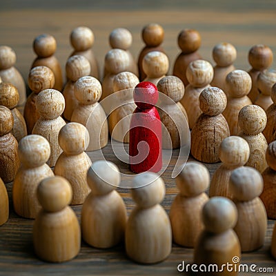 Social dynamics red wooden doll surrounded, conveying discussions or leadership Stock Photo