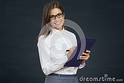 Social employee woman conduct public survey. Businesswoman with Stock Photo