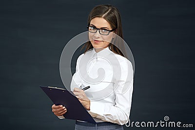 Social employee woman conduct public survey. Businesswoman with Stock Photo