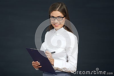 Social employee woman conduct public survey. Businesswoman with Stock Photo