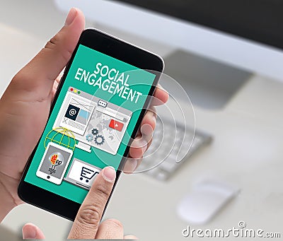 SOCIAL ENGAGEMENT Analytics and data science of social networks Stock Photo