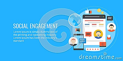 Social engagement - influencer marketing - social networking. Flat design vector banner. Vector Illustration