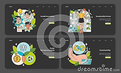 Social entrepreneurship night or dark mode web banner or landing Cartoon Illustration