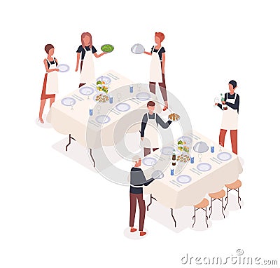 Social event isometric vector flat illustration. Catering, service staff and waiter preparing to meal isolated on white Vector Illustration