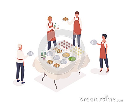 Social event preparation isometric vector illustration. Table serving, restaurant service concept. Waiters and Vector Illustration