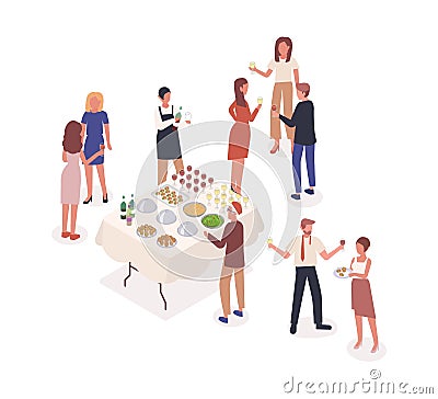 Social event, stand-up meal isometric vector illustration. Corporate party, soiree, celebration. Male waiter and party Vector Illustration
