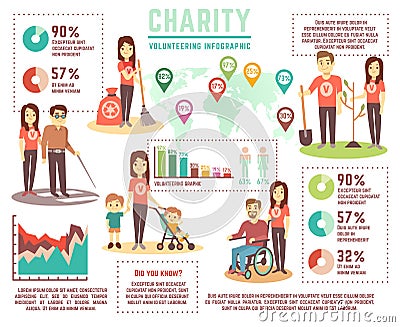 Social help and charity work vector concept. Volunteering infographics Vector Illustration