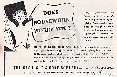 Vintage newspaper / magazine advert for `The Gas Light & Coke Company` 1930s Editorial Stock Photo