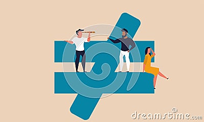 Social injustice and inequality of people in society. Prejudice and compare respect capitalism vector illustration. People sit on Vector Illustration