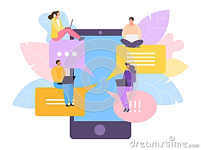 Social madia for tiny character in large flat smartphone, vector illustration. Person near bubble message technology Vector Illustration