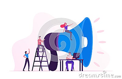 Social Marketing Concept. Men and Women Characters Promoting Online in Social Network Using Laptop and Huge Megaphone Vector Illustration