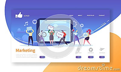 Social Marketing Landing Page Template. Website Layout with Flat People Characters Advertising. Easy to Edit Vector Illustration