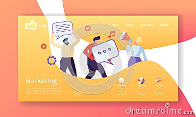 Social Marketing Landing Page Template. Website Layout with Flat People Characters Advertising. Easy to Edit Vector Illustration